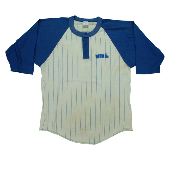Vintage NIKE Sportswear Block Letters Pinstriped Henley T Shirt 70s 80s White Blue L