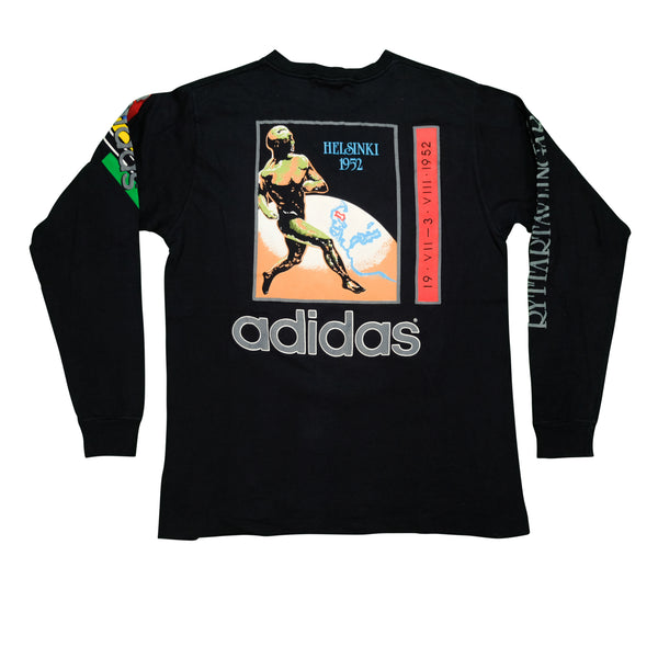 Vintage ADIDAS Helinski 1952 Stockholm 1956 Summer Olympics Long Sleeve T Shirt 80s 90s Black L