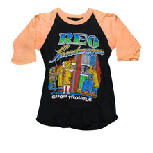Load image into Gallery viewer, Vintage REO Speedwagon Good Trouble Hi Infidelity Albums Raglan T Shirt 80s Black Orange