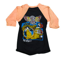 Load image into Gallery viewer, Vintage REO Speedwagon Good Trouble Hi Infidelity Albums Raglan T Shirt 80s Black Orange