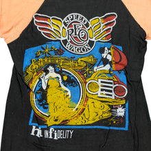 Load image into Gallery viewer, Vintage REO Speedwagon Good Trouble Hi Infidelity Albums Raglan T Shirt 80s Black Orange