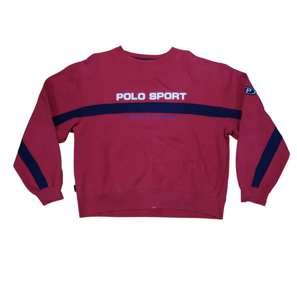 Vintage POLO SPORT Ralph Lauren Spell Out P Patch Striped Sweatshirt 90s Red Navy Blue L