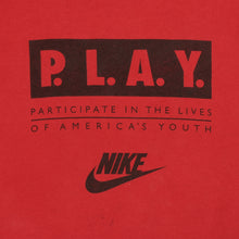 Load image into Gallery viewer, Vintage NIKE P.L.A.Y. Participate In The Lives of America's Youth Spell Out Swoosh T Shirt 80s 90s Red L