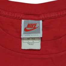 Load image into Gallery viewer, Vintage NIKE P.L.A.Y. Participate In The Lives of America's Youth Spell Out Swoosh T Shirt 80s 90s Red L