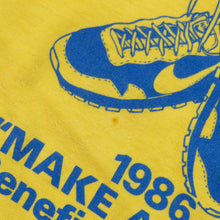 Load image into Gallery viewer, Vintage NIKE Make A Wish Benefit Marathon Spell Out Swoosh 1986 T Shirt 80s Yellow XL