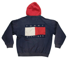 Load image into Gallery viewer, Vintage TOMMY HILFIGER Lion Crest Spell Out Flag Hoodie Sweatshirt 90s Navy Red XL