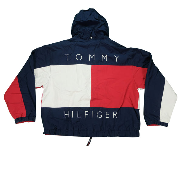 Vintage TOMMY HILFIGER Spell Out Flag Reversible Sailing Jacket 90s Navy Red XL
