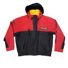 Load image into Gallery viewer, Vintage TOMMY HILFIGER Sailing Gear Spell Out Flag Patch Sleeve Color Block Sailing Jacket 90s Navy Blue Red L