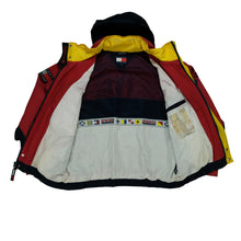 Load image into Gallery viewer, Vintage TOMMY HILFIGER Sailing Gear Spell Out Flag Patch Sleeve Color Block Sailing Jacket 90s Navy Blue Red L