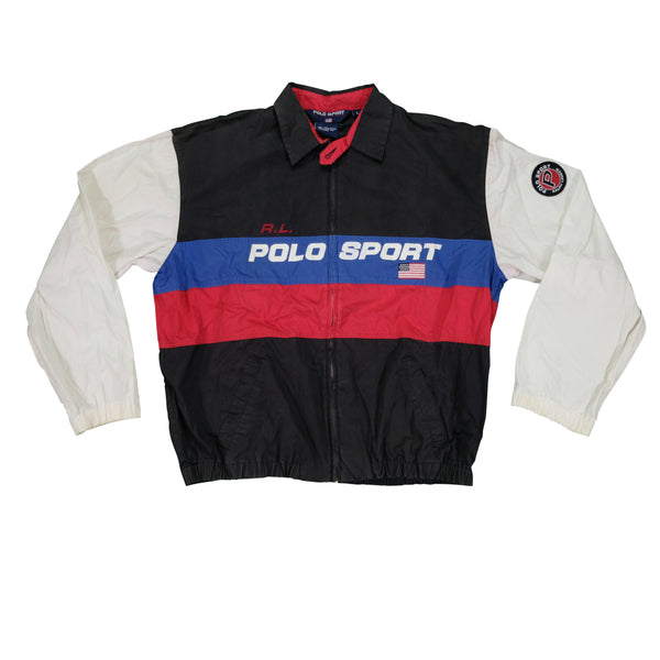 Vintage POLO SPORT Ralph Lauren Spell Out USA Flag P Patch Color Block Striped Bomber Jacket 90s Multicolor L