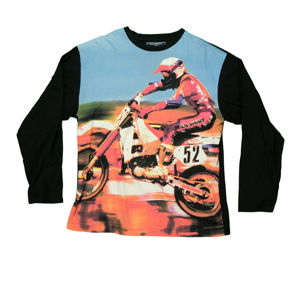 Vintage POLO SPORT Ralph Lauren Motocross Dirt Bike All Over Print Long Sleeve T Shirt 90s Black S