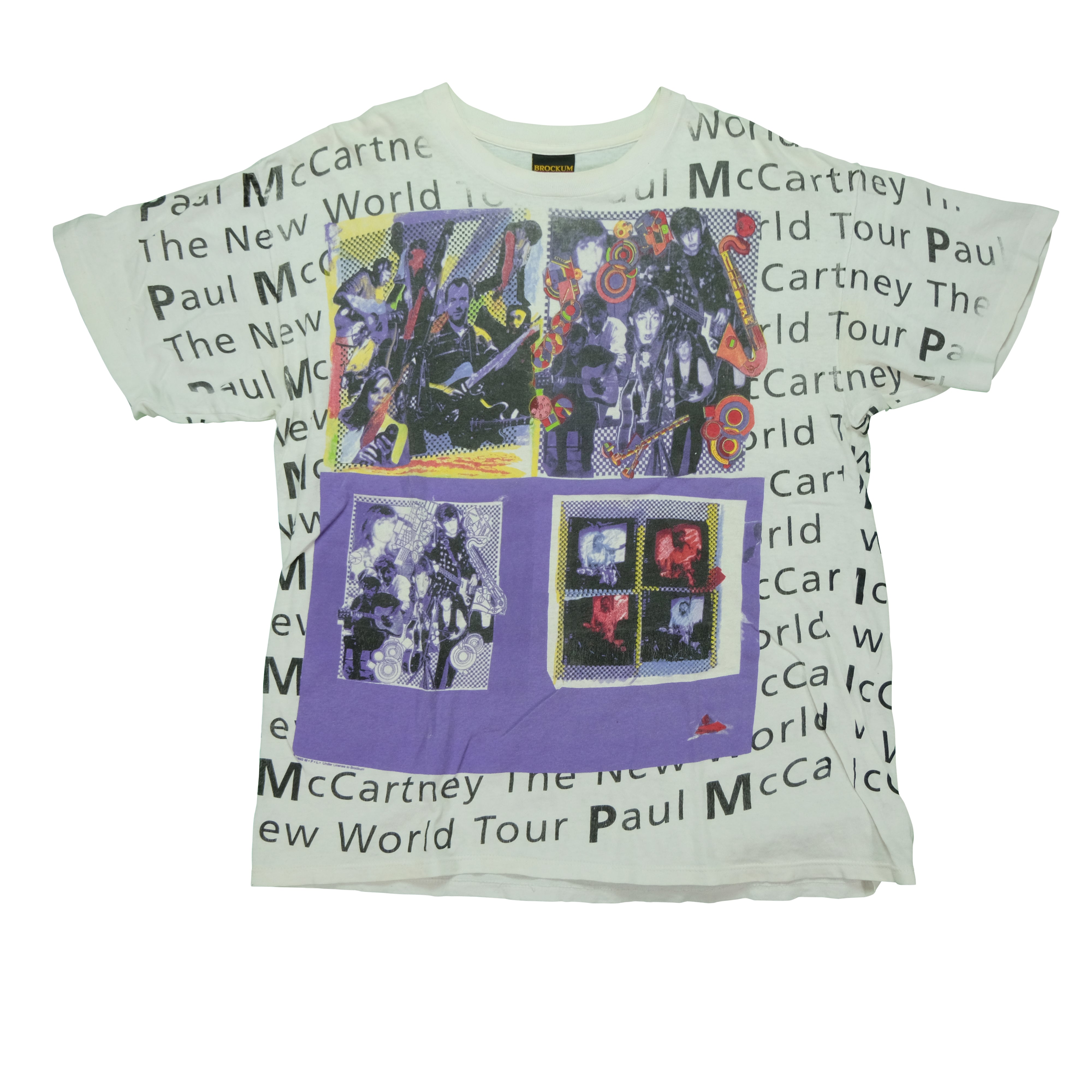 Vintage BROCKUM Paul McCartney The New World Tour All Over Print T Shirt  90s White XL