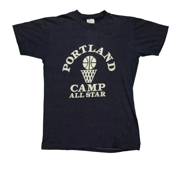 Vintage NIKE Sportswear Portland Basketball Camp All Star Spell Out Swoosh T Shirt 70s 80s Navy Blue M