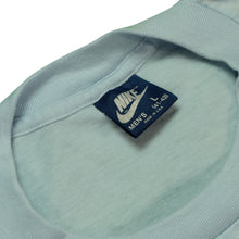 Load image into Gallery viewer, Vintage NIKE Softball Cleat Shoe Over The Shoulder Spell Out Swoosh T Shirt 80s Blue L