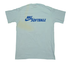 Load image into Gallery viewer, Vintage NIKE Softball Cleat Shoe Over The Shoulder Spell Out Swoosh T Shirt 80s Blue L