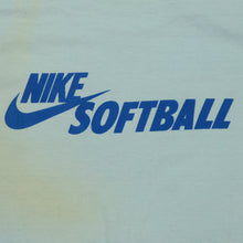 Load image into Gallery viewer, Vintage NIKE Softball Cleat Shoe Over The Shoulder Spell Out Swoosh T Shirt 80s Blue L
