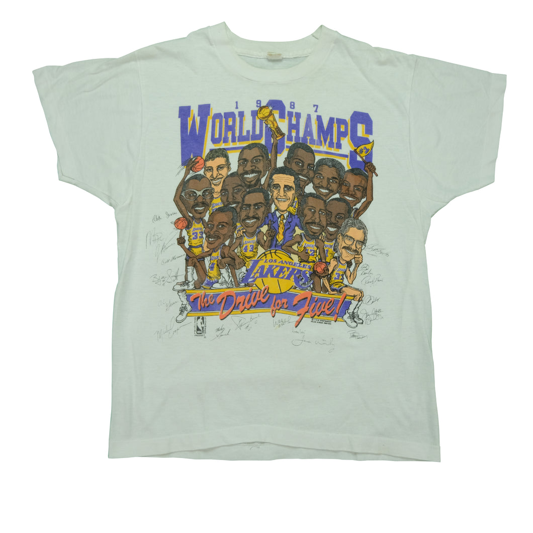Vintage Los Angeles Lakers 1987 NBA Champions The Drive For Five Caricature Cartoon T Shirt 80s Showtime White