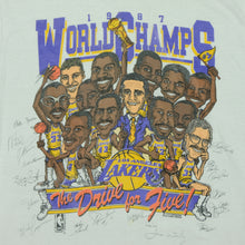 Load image into Gallery viewer, Vintage Los Angeles Lakers 1987 NBA Champions The Drive For Five Caricature Cartoon T Shirt 80s Showtime White