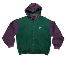 Load image into Gallery viewer, Vintage NIKE Air Spell Out Swoosh Hooded Varsity Jacket 90s Green Purple XL