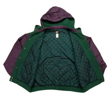 Load image into Gallery viewer, Vintage NIKE Air Spell Out Swoosh Hooded Varsity Jacket 90s Green Purple XL