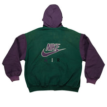 Load image into Gallery viewer, Vintage NIKE Air Spell Out Swoosh Hooded Varsity Jacket 90s Green Purple XL