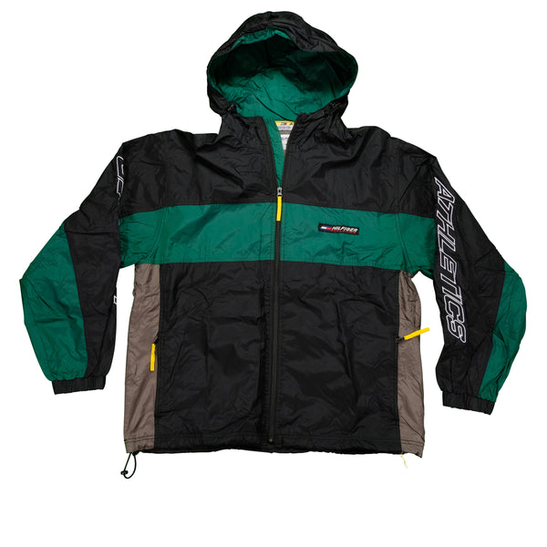 Vintage TOMMY HILFIGER Athletics Color Block Spell Out Full Zip Windbreaker Jacket 90s Black Green Silver L