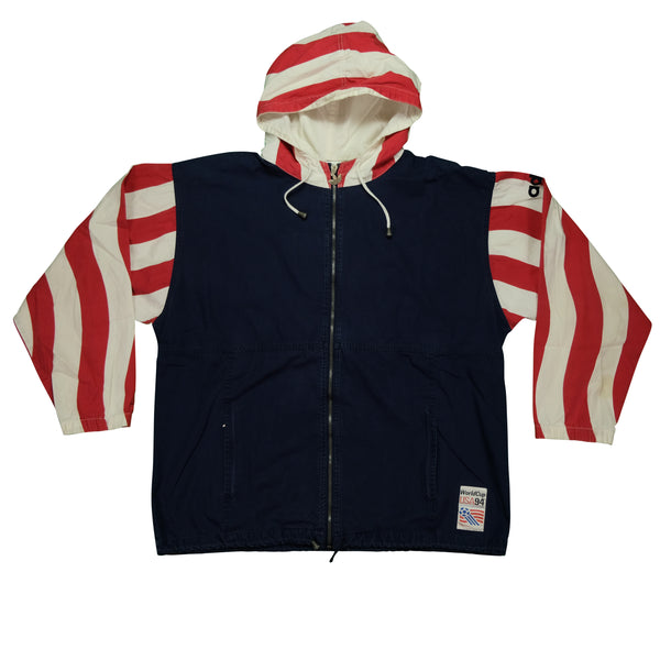 Vintage ADIDAS World Cup 1994 Spell Out USA Flag Striped Full Zip Hooded Jacket 90s Navy Red White L