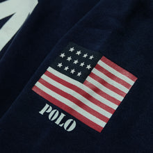 Load image into Gallery viewer, Vintage POLO RALPH LAUREN Spell Out USA Flag Packable Hooded Sweatshirt 90s Navy Blue M