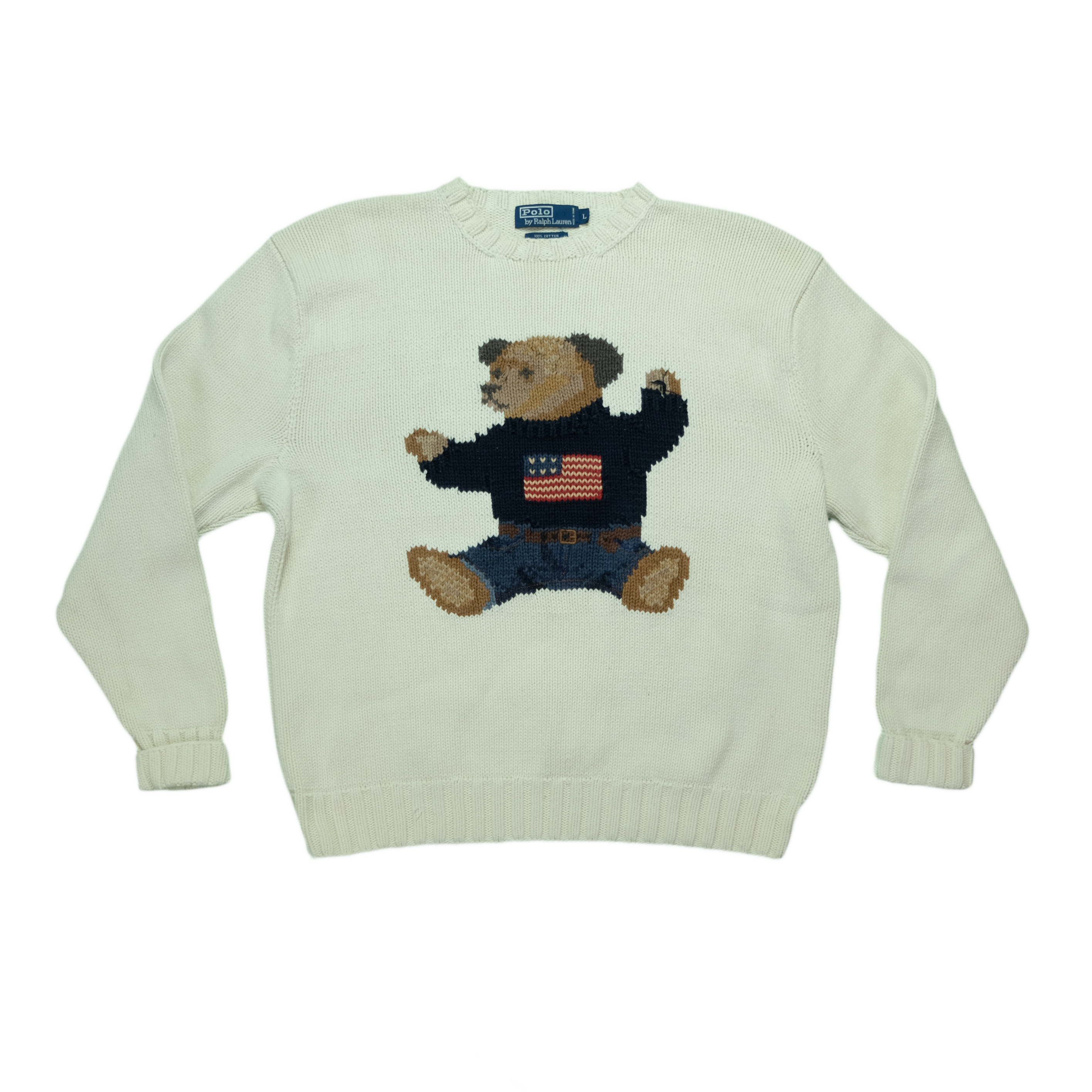 Vintage POLO RALPH LAUREN USA Flag Sitting Bear Hand Knit Sweater 90s White  L