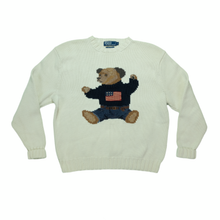 Load image into Gallery viewer, Vintage POLO RALPH LAUREN USA Flag Sitting Bear Hand Knit Sweater 90s White L