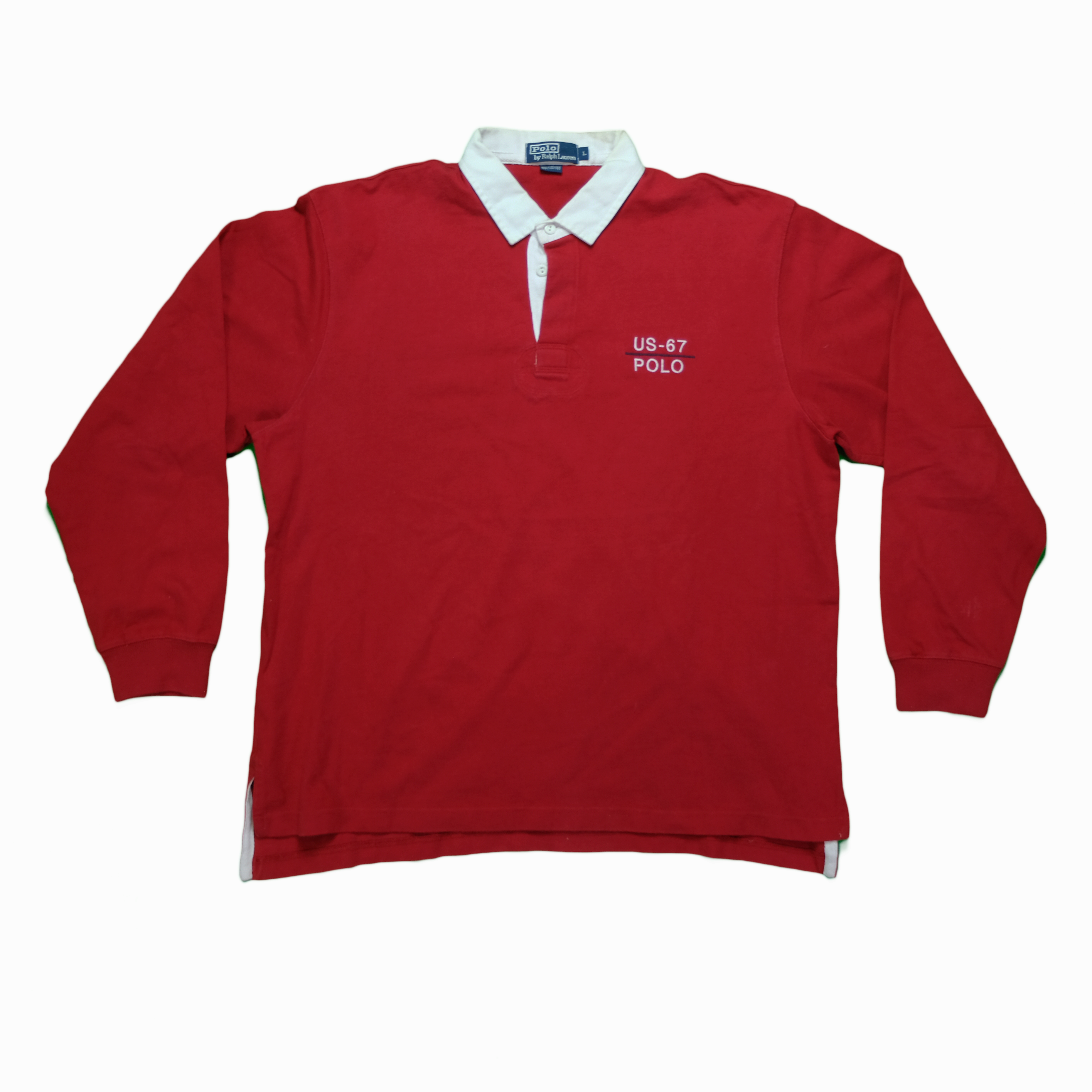 Vintage POLO RALPH LAUREN US 67 Spell Out Rugby Shirt 90s Red L