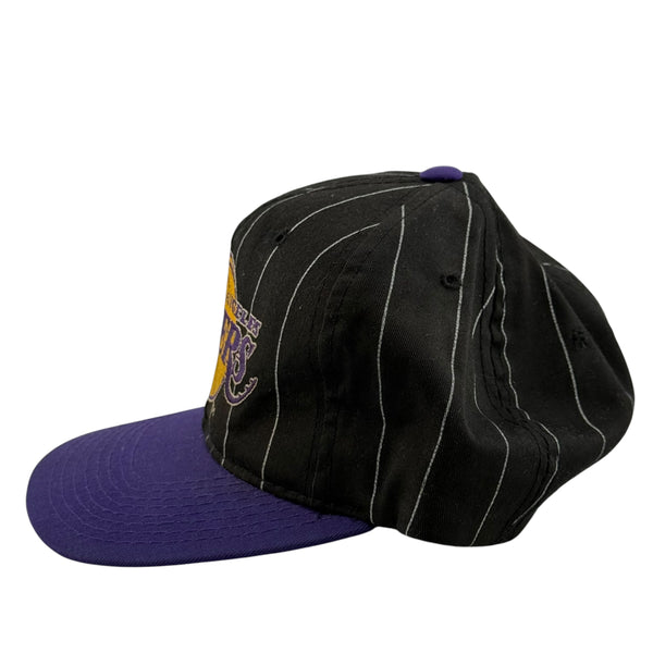 Vintage STARTER Los Angeles Lakers Pinstripe Snapback Hat 90s Black Purple