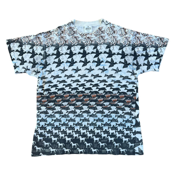 Vintage ANDAZIA MC Escher Fish AOP All Over Print Art T Shirt 90s L