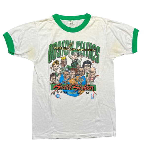 Vintage 1986 SCREEN STARS Boston Celtics Sweet Sixteen Caricature Ringer T Shirt Medium