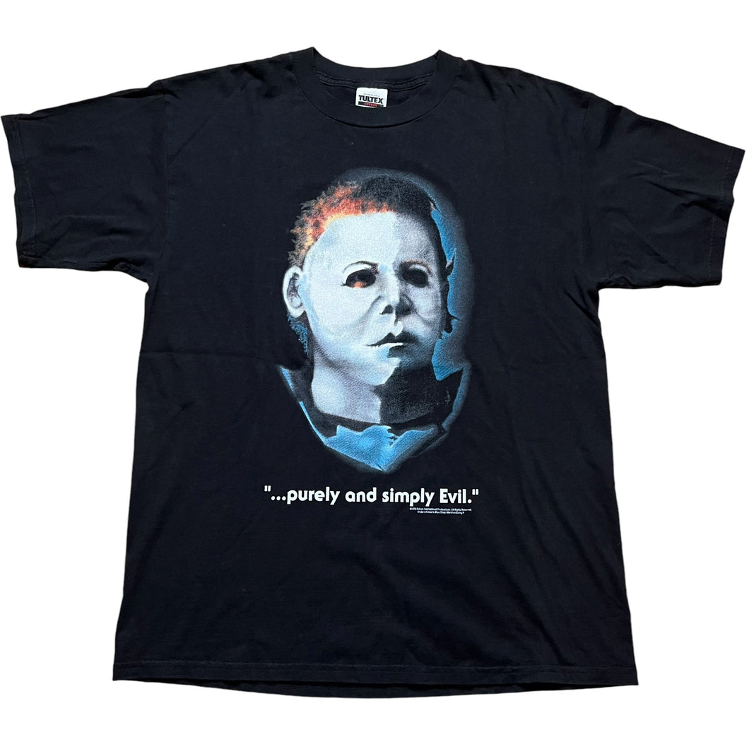 Vintage TULTEX Halloween Michael Myers Purely and Simply Evil Film Promo T Shirt 90s Blue Grape Black XL