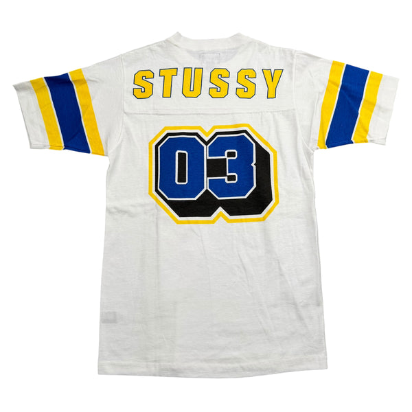 Vintage STUSSY 03 Blue Football Shirt White Sz Small