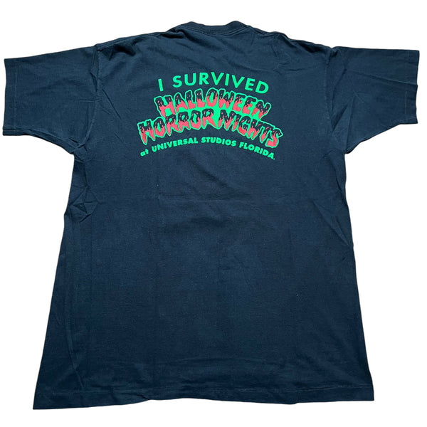 Vintage UNIVERSAL STUDIOS FLORIDA I Survived Halloween Horror Nights Chainsaw Pumpkin T Shirt 90s Black 2XL