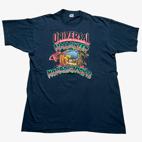 Vintage UNIVERSAL STUDIOS FLORIDA I Survived Halloween Horror Nights Chainsaw Pumpkin T Shirt 90s Black 2XL