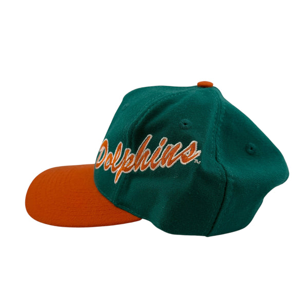 Vintage APEX ONE Miami Dolphins Script Snapback Hat 90s Teal Orange