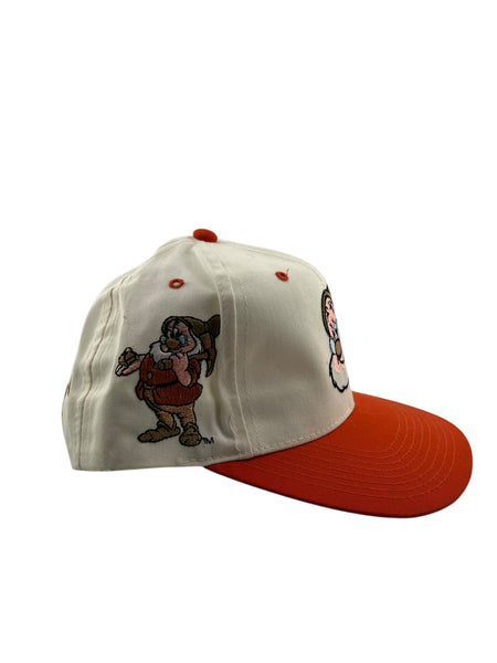 Vintage DISNEY Doc Snow White And The Seven Dwarfs Blockhead Snapback Hat 90s White Red