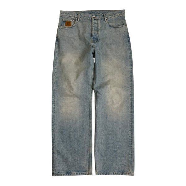 Louis Vuitton Monogram Leather Patch Light Wash Denim Jeans Sz 34