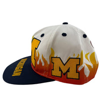 Load image into Gallery viewer, Vintage FRONT ROW Michigan Wolverines On Fire Flames Snapback Hat 90s White Blue
