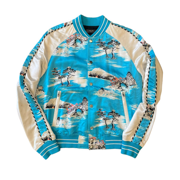 AMIRI Hawaiian Print Bomber Jacket Cyan Blue Pre Owned