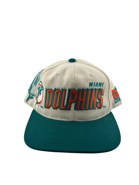 Vintage SPORTS SPECIALTIES Miami Dolphins Laser Shadow Snapback Hat 90s White Teal