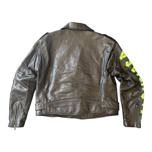 Balenciaga Black Green Painted Logo Leather Jacket Black