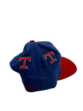 Load image into Gallery viewer, Vintage SIGNATURES SPORTSWEAR Texas Rangers Wraparound Logos Snapback Hat 90s Blue Red
