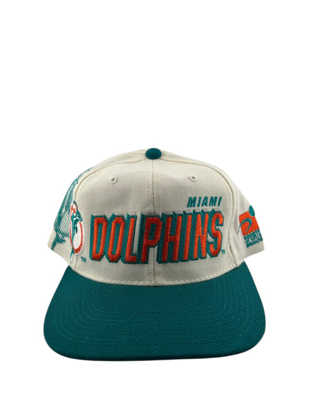 Vintage SPORTS SPECIALTIES Miami Dolphins Laser Shadow Snapback Hat 90s White Teal NOS