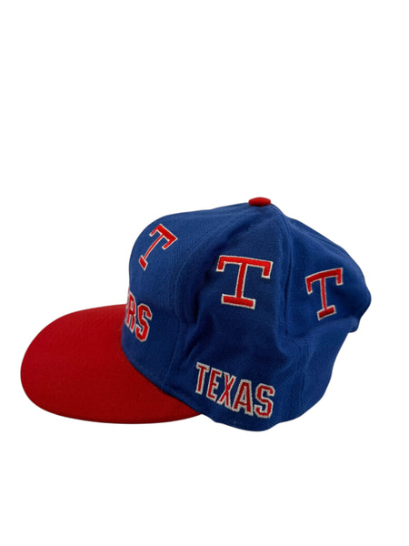 Vintage SIGNATURES SPORTSWEAR Texas Rangers Wraparound Logos Snapback Hat 90s Blue Red