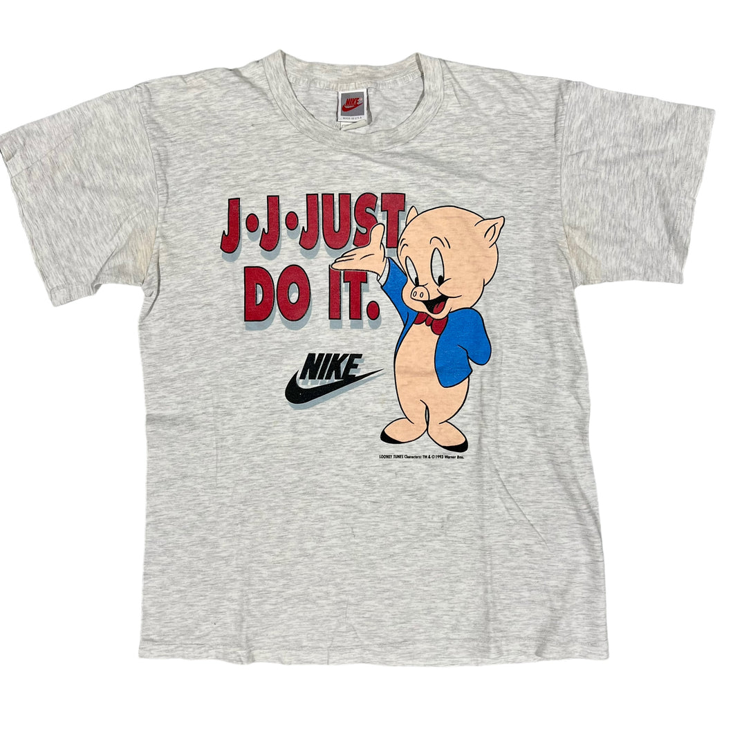 Vintage 1993 Nike Just Do It Porky Pig Looney Tunes Grey Tag Shirt Large