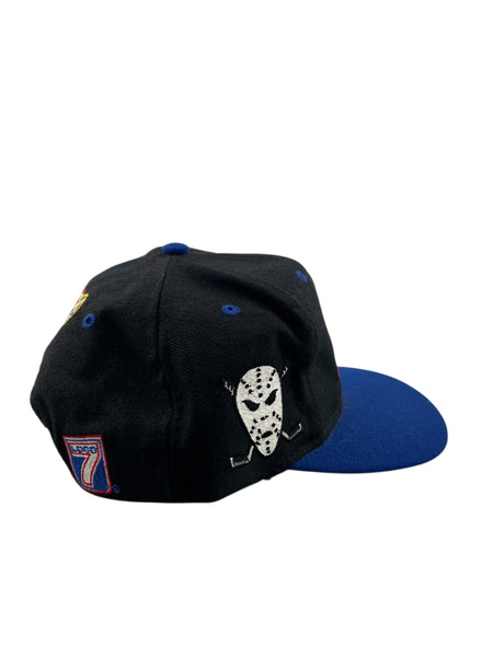 Vintage LOGO 7 St. Louis Blues Goalie Mask Logo Snapback Hat 90s Black Blue
